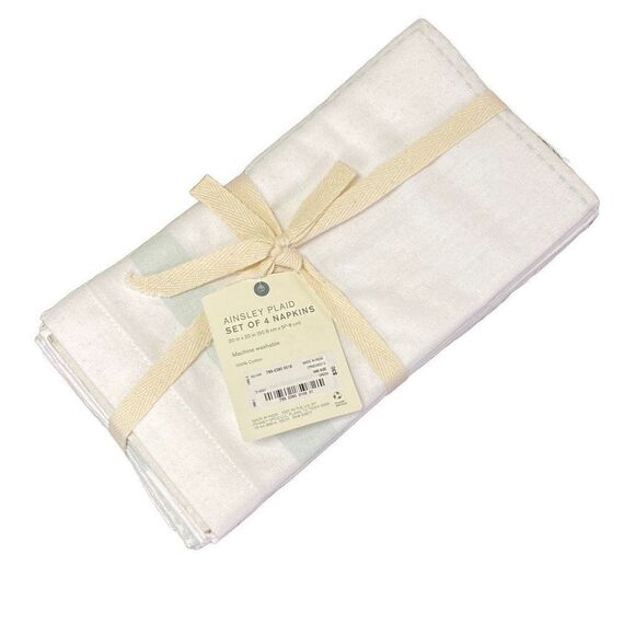 NWT Linden Street Ainsley Plaid White and Green Set of 4 Napkins 100% Cotton 20x - Picture 2 of 3